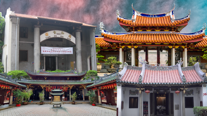 Clockwise from top left: Ying Fo Fui Kun temple, Lian Shan Shuan Lin Monastery, Thian Hock Keng temple and Fuk Tak Chi temple. Image: Coconuts