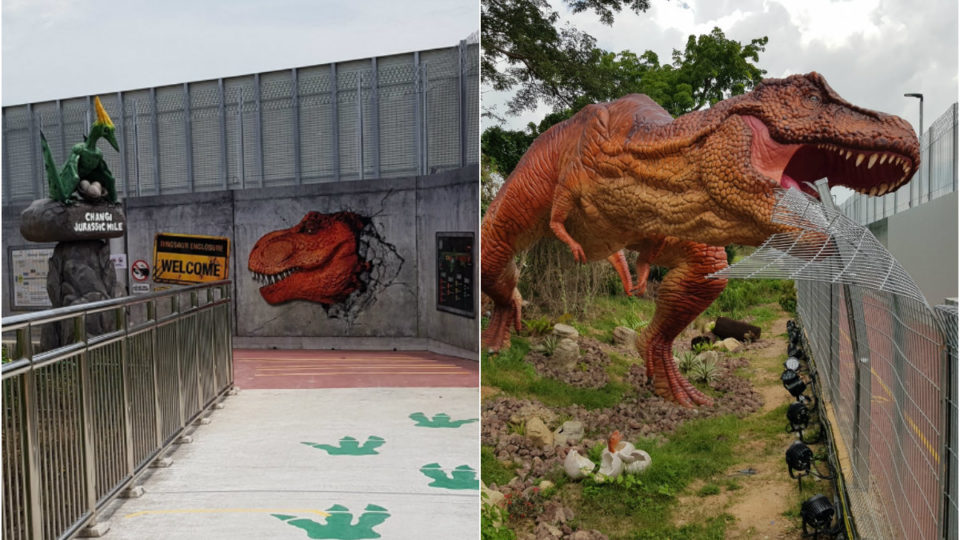 At left, the entrance to the Jurassic path, an angry tyrannosaurus rex tears into a fence, at right. Photos: GoCycling/Facebook
