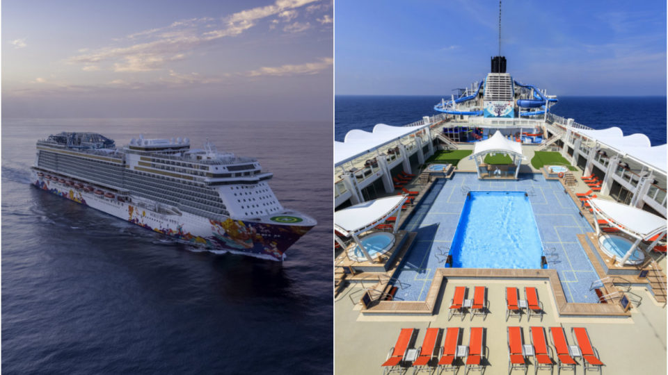 At left, Genting Cruise’s World Dream ship, its pool deck at right. Images: Genting Cruise
