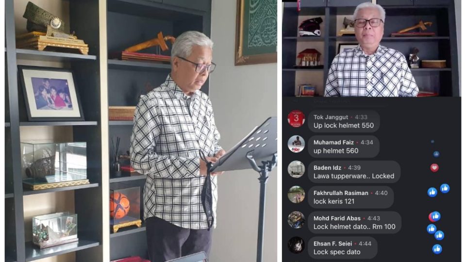 Defence Minister Ismail Sabri Yaakob speaking during his live broadcast on Tuesday, at left, and a screenshot of viewers ‘bidding.’ Photos: Ismail Sabri Yaakob, Saiful Rodzali/ Facebook
