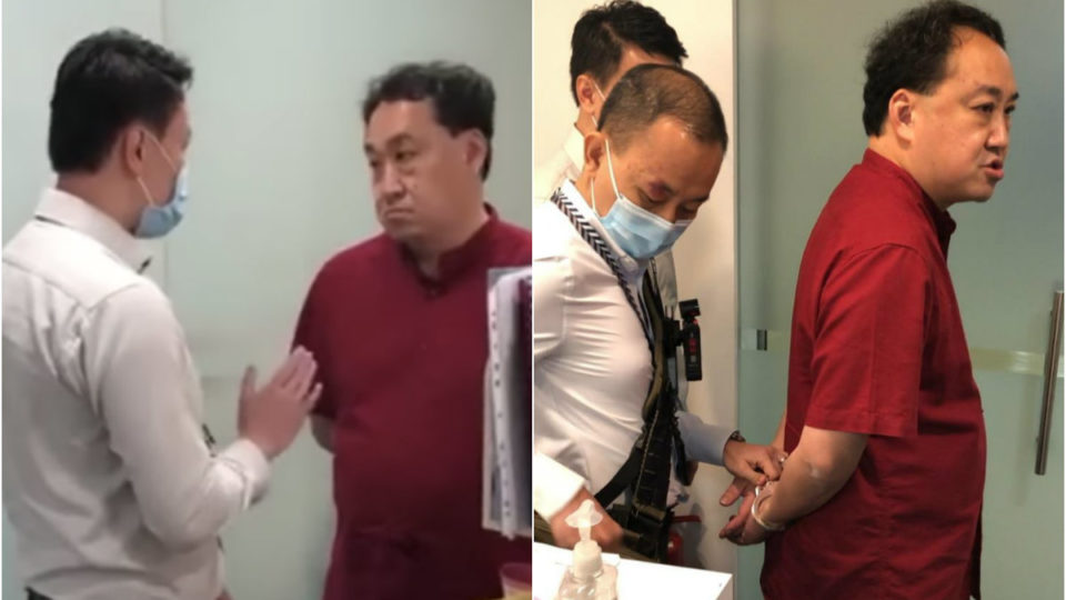 At left, an officer confronts Lim Tean in a video clip of his arrest Friday morning; Lim led away in cuffs, at right. Images: All Singapore Stuff/Facebook, M Ravi/Facebook
