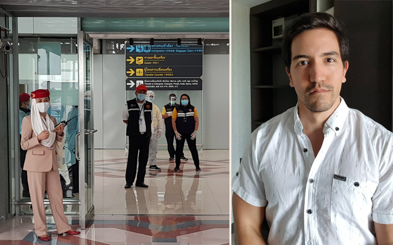 Landing at a very different Suvarnabhumi Airport after a brief Swiss holiday turned into six months unable to return to Thailand.  At right, the author currently in quarantine at a Bangkok hotel. Photos: Lobsang Dundup Sherpa Subirana