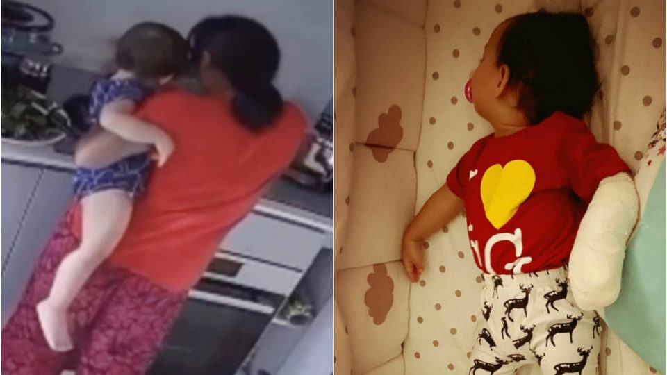 At left, scene from a clip showing a family maid dipping their toddler’s hand into boiling water. The child with a bandaged left hand at right. Photos: Amy Low Mei Liang/Facebook
