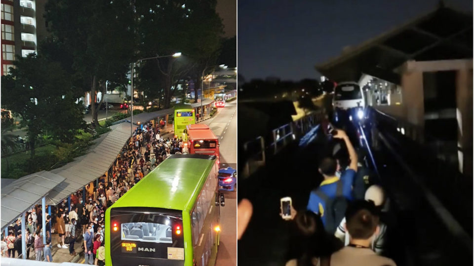 At left, a crowd swarming to board the bus, a line of commuters walking on the train tracks to the nearest station, at right. Images: @Meteorjeon/Twitter, @Reeeyou/Twitter
