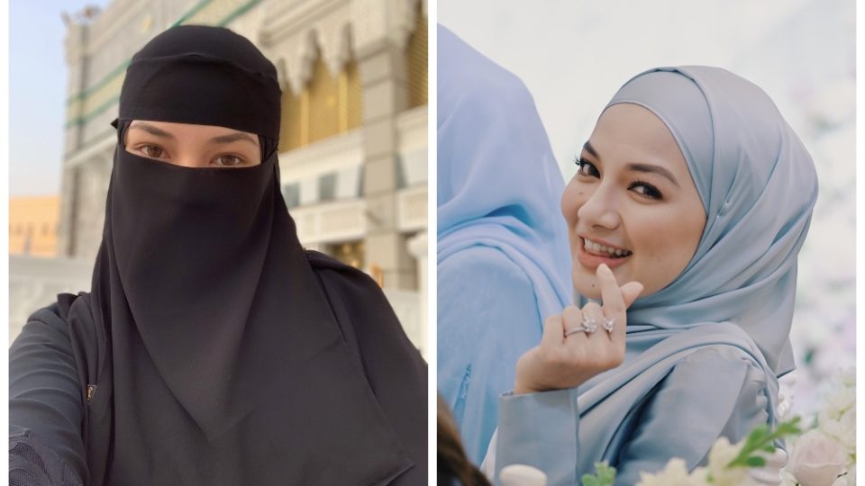 Neelofa Noor debuts niqab look in Oct. 15 photo, at left, and Neelofa at her brother’s wedding in September. Photos: Neelofa Noor/Instagram
