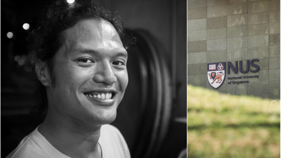 At left, former NUS instructor Jeremy Fernando, at right, a school sign. Photos: NUS/Facebook, European Graduate School Academia
