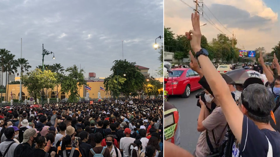 Protesters early Wednesday evening push on in sight of their prize: Thailand’s Government House. At right, they greet the passing royal motorcade.