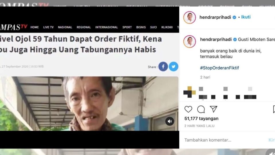 Screenshot of an Instagram post by Semarang Mayor Hendrar Prihadi that documented his meeting with 59-year-old ojol driver Audy Hamdani, who received a fake food delivery order. Instagram/@hendrarprihadi