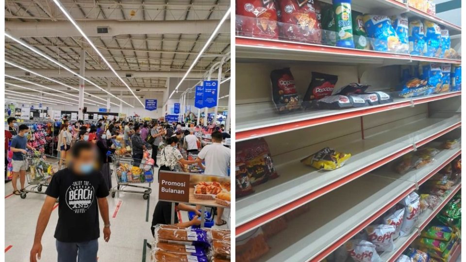 Grocery shoppers at a supermarket in Puchong (left); some empty shelves at a supermarket in Ampang. Photos: Steventsh/Twitter, Coconuts
