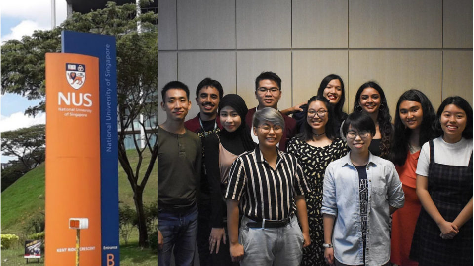 At left, a National University of Singapore sign at Kent Ridge Crescent; the SafeNUS team at right. Photos: Ivan Varghese/Google Maps, safeNUS
