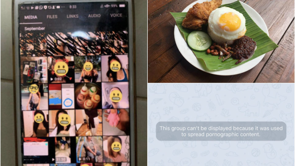 At left, some of the images and videos circulated in the chat, a plate of Nasi Lemak and a takedown notice of the chat at right. Images: @svjj__/Twitter, @bella_tannn/Twitter, Lot 91 Cafe/Facebook
