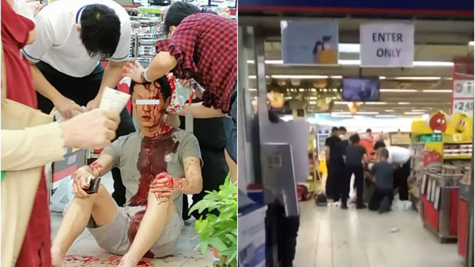 An unidentified man sits on the floor of the Boon Lay shopping center’s Fairprice supermarket after he was attacked there Wednesday. An 18-year-old man has been charged. Photos: Umesh Kishore Tekani/Facebook
