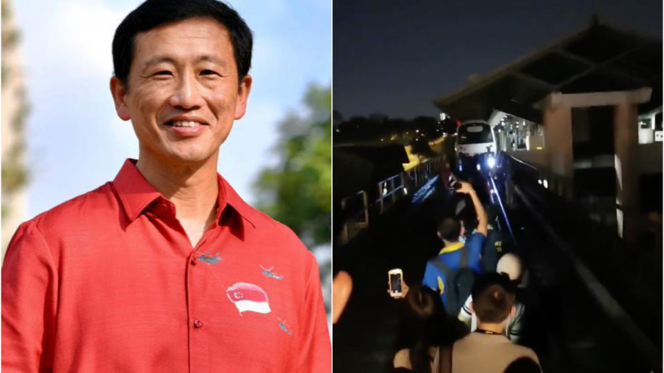 Transport Minister Ong Ye Kung in an August photo, at left, and commuters walking on train tracks to the nearest station last night. Photos: Ong Ye Kung/Facebook, @reeeyou/Twitter
