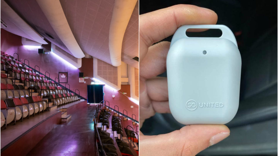 A cinema hall at The Projector, at left, and a TraceTogether token. Photos: The Projector, Owen Maung/Facebook
