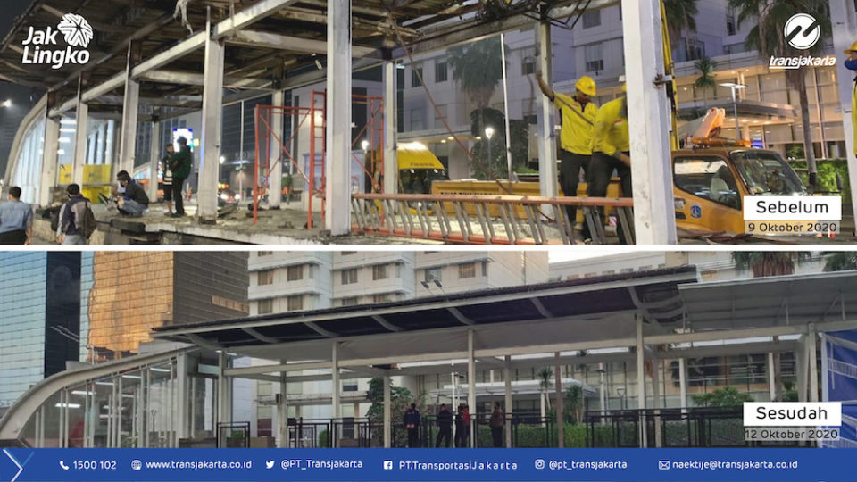 Before and after photos showing the repair of a TransJakarta bus stop. Photo: Twitter/@PT_Transjakarta