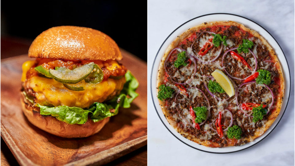 At left, Three Buns’ Omni Wan Kenobi burger and Pizza Express’ Impossible Curry pizza. Photos: Three Buns, Pizza Express
