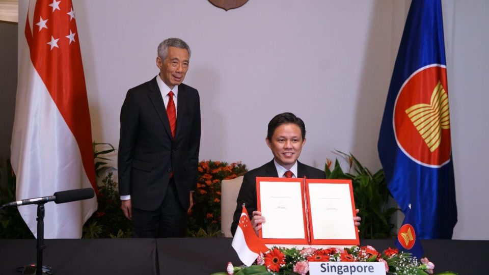 Prime Minister Lee Hsien Loong and Trade Minister Chan Chun Sing at the ASEAN summit yesterday. Photo: Chan Chun Sing/Facebook
