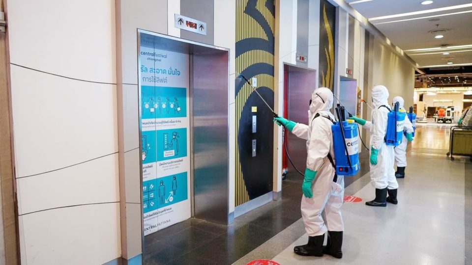 Workers disinfect the Central Festival Chiang Mai shopping mall Saturday after a COVID-19 patient visited the shopping center three days earlier. Photo: CentralFestival Chiang Mai / Facebook 