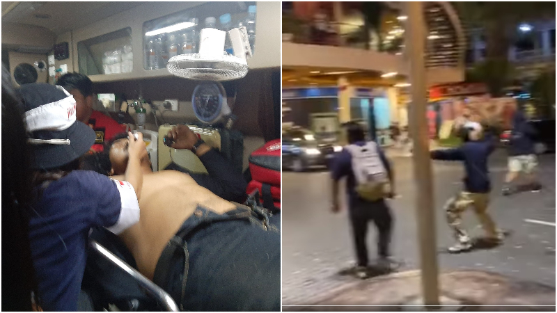 At left, gunshot victim Wanchai Ari in an ambulance last night on the way to Praram 9 Hospital. At right, a man wearing a motorcycle helmet throws a small explosive device. Photo: Tosaporn Sererak / Twitter, The Standard  