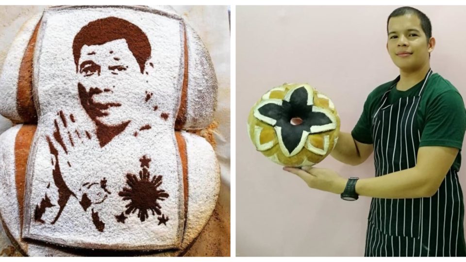Pastry chef Marlo Lidot and one of his creations, a portraits of President Rodrigo Duterte