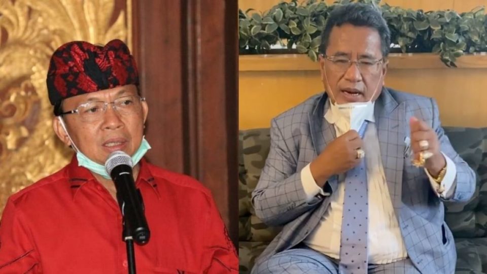 At left, Bali Governor Wayan Koster, and at right celebrity lawyer Hotman Paris Hutapea. Photos: Bali Provincial Government and screengrab from Instagram