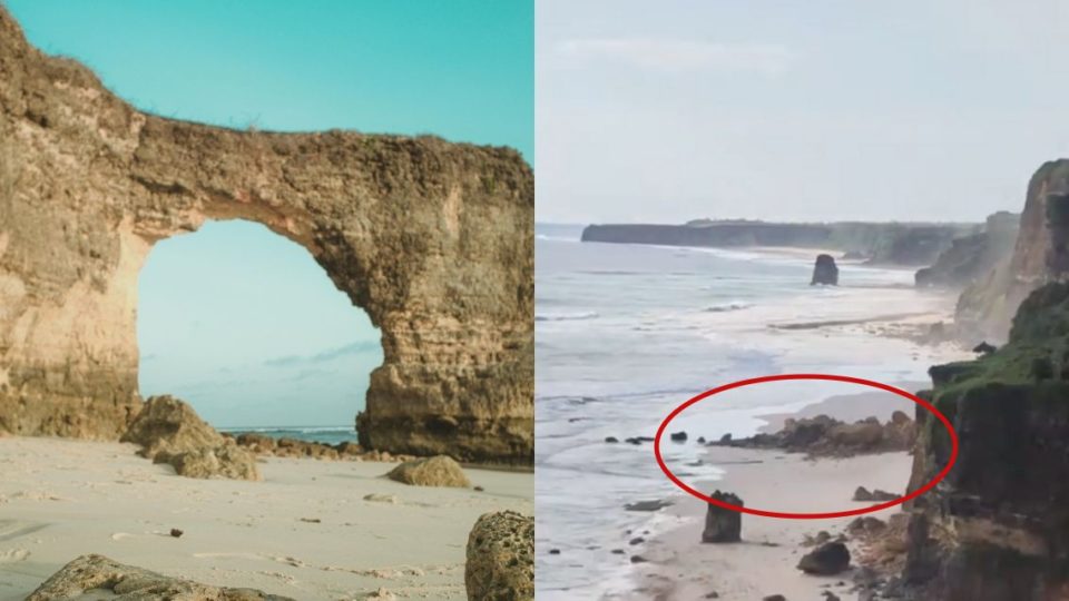 At left, the iconic sea arch  in Mbawana Beach, East Nusa Tenggara (NTT), and the aftermath of the collapse on the right. Photos: Unsplash and screengrab from Instagram