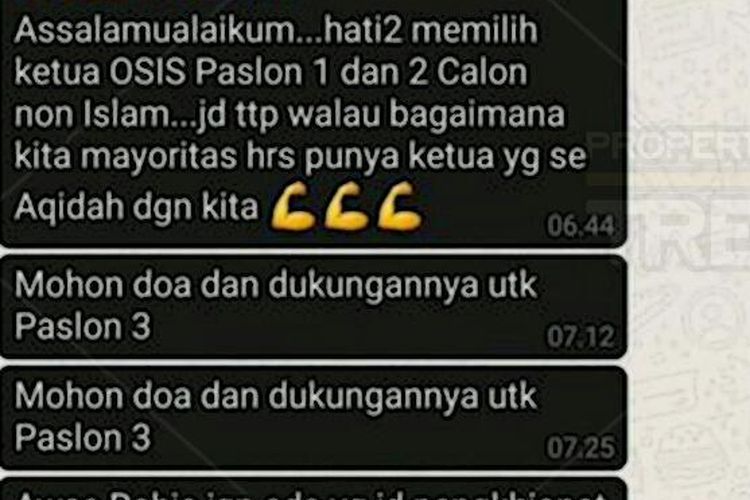 Screenshot from a WhatsApp group chat containing messages from a high school teacher telling his students not to vote for non-Muslim candidates in the school’s student organization election. Photo: Istimewa