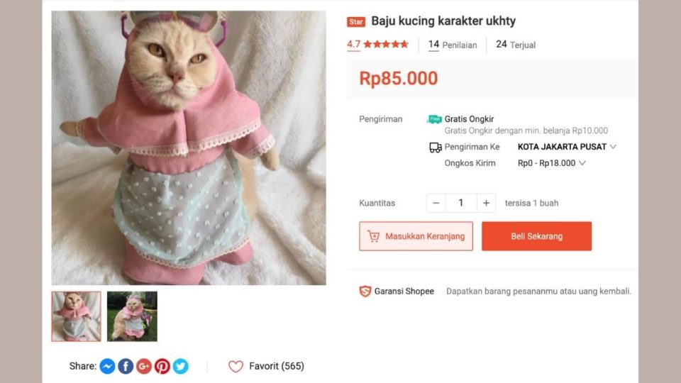 Twitter account @txtdarionlshop, which is dedicated to document the strange and often hilarious world of online shopping, recently posted photos taken from a shop on Shopee that sells sharia-compliant costumes for cats, one of them is named “Ukhti character costume for cats.” Screenshot from Shopee/BAJU_KUCING_USING_CLOATH