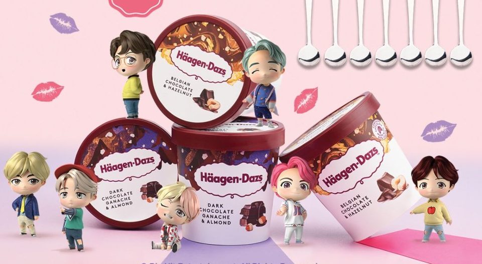 BTS TinyTAN animated characters ‘posing’ with Haagen-Dazs ice cream tubs. Photo: The Mango Agency
