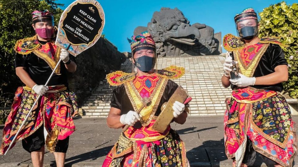 File photo of employees implementing health protocols at the Garuda Wisnu Kencana Cultural Park in Bali. Photo: Ministry of Tourism and Creative Economy