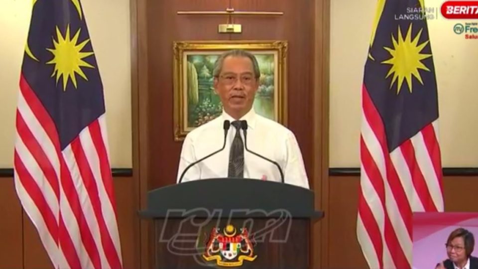 Muhyiddin Yassin speaking during the live address yesterday. Photo: Radio Televisyen Malaysia
