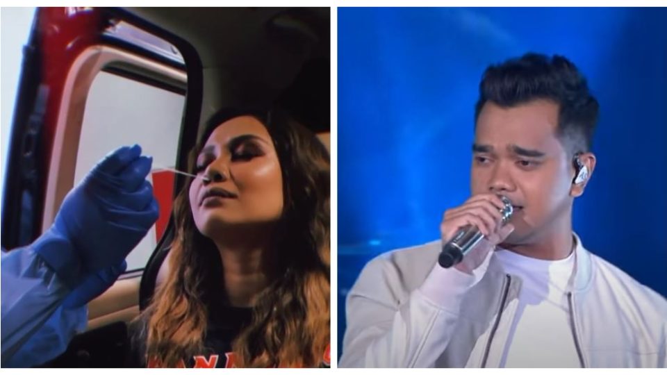 Singer Stacy Anam takes the COVID-19 swab test, at left, and singer Alif Satar performs at the Muzik-Muzik 35 show. Photos: Stacy Anam/Instagram, TV3/YouTube
