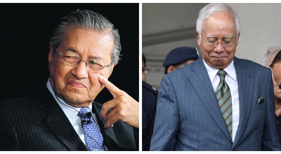 File photo of Mahathir, at left, and Najib Razak outside the court in 2019, at right. Photos: Wikimedia Commons
