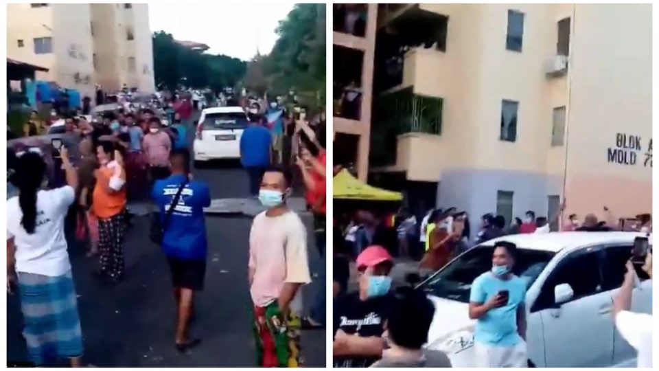 Residents protesting outside the Mutiara Kasih flats in Lahad Datu, Sabah. Photos: PisauKarat/ Twitter
