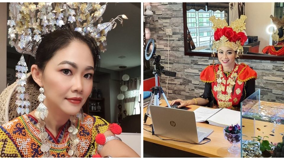 Nancy Thomas takes a photo in the traditional Iban women’s dress, at left. Nancy Thomas teaches a class while wearing Melanau bridal wear, at right. Photos: Nancy Thomas/Facebook
