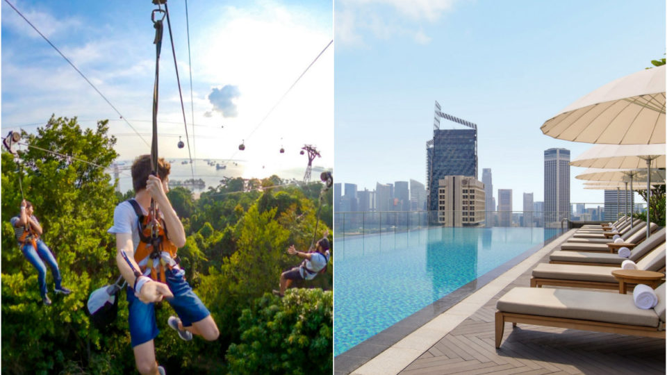 At left, the zipline at Sentosa’s Mega Adventure Park and the pool at Andaz Singapore, at right. Photos: Singapore Tourism Board/Facebook, VisitSingapore
