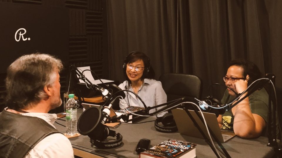 Yeong, at middle, and Honey, at right, speaking to Irish author John Connelly in the studio. Photo: Two Book Nerds Talking
