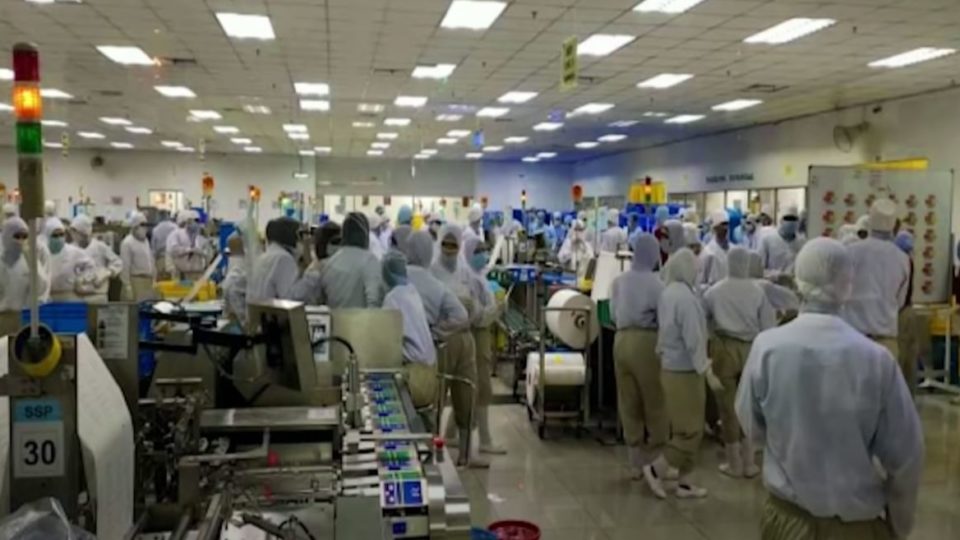 Employees in a Top Glove factory in June. Photo: Channel 4/YouTube

