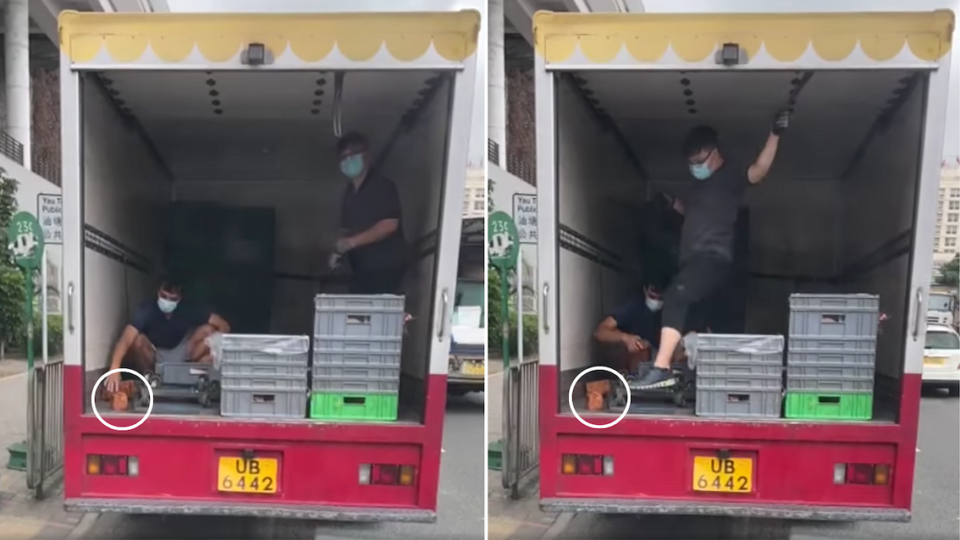 The video, posted to a number of Facebook groups, shows a Yamazaki bakery worker handling unwrapped bread with his bare hands. Screenshots via Facebook/Simon Li 飲食天地