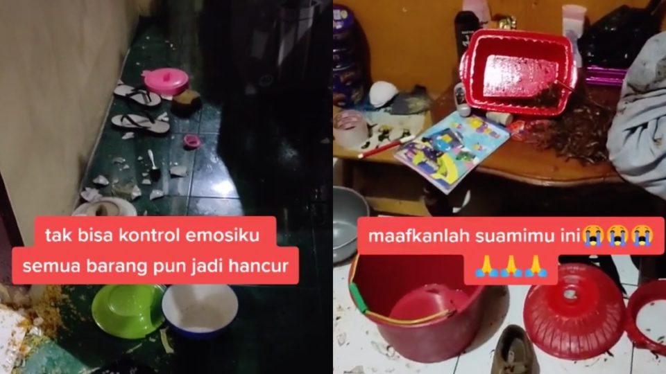 An Indonesian TikTok user posted a video of what appears to be the aftermath of a huge fight with his wife, in which food and smashed plates can be seen. The caption in the TikTok video itself reads, “Couldn’t control my emotion, all items were destroyed. Please forgive your husband.” Screenshot from TikTok/@zhoelqiflyas