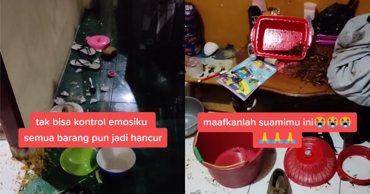 An Indonesian TikTok user posted a video of what appears to be the aftermath of a huge fight with his wife, in which food and smashed plates can be seen. The caption in the TikTok video itself reads, “Couldn’t control my emotion, all items were destroyed. Please forgive your husband.” Screenshot from TikTok/@zhoelqiflyas