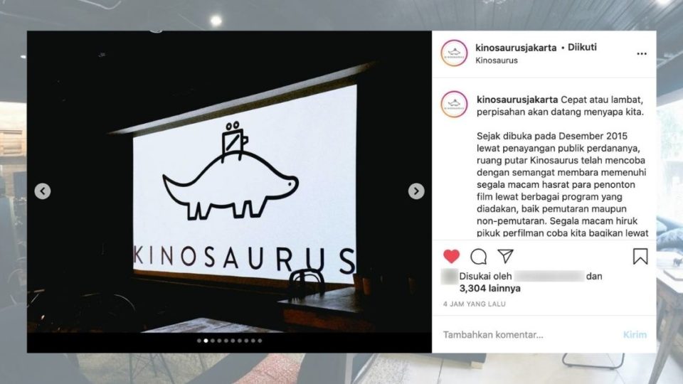 Kinosaurus, known for screening indie and award-winning films from Indonesia and around the world in an intimate setting, took to social media to announce the closure of their theater, which was located behind Aksara bookstore in Kemang, South Jakarta. Screenshot from Instagram/@kinosaurusjakarta