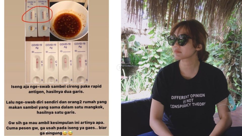 Indonesian comedian/talk show host Rina Nose (pronounced no-say) recently posted a photo on Instagram, which shows antigen rapid test kits along with a bowl of spicy-sweet sambal dipping sauce for popular fritter cireng (a chewy cassava flour snack) ⁠— along with other “evidence” to support her theories in the next slides. Photo: Instagram/@rinanose16