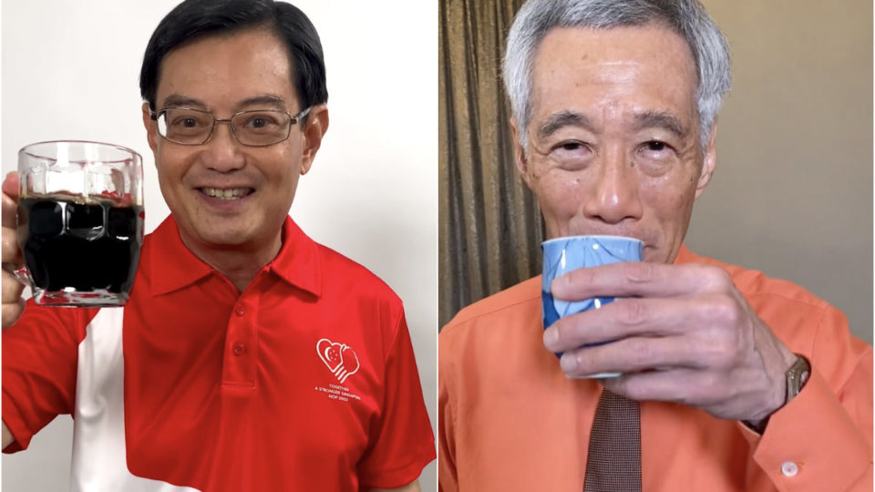 Deputy Prime Minister Heng Swee Keat and Prime Minister Lee Hsien Loong toast workers in images taken from their videos. Images: Heng Swee Keat/Facebook, Lee Hsien Loong/Facebook
