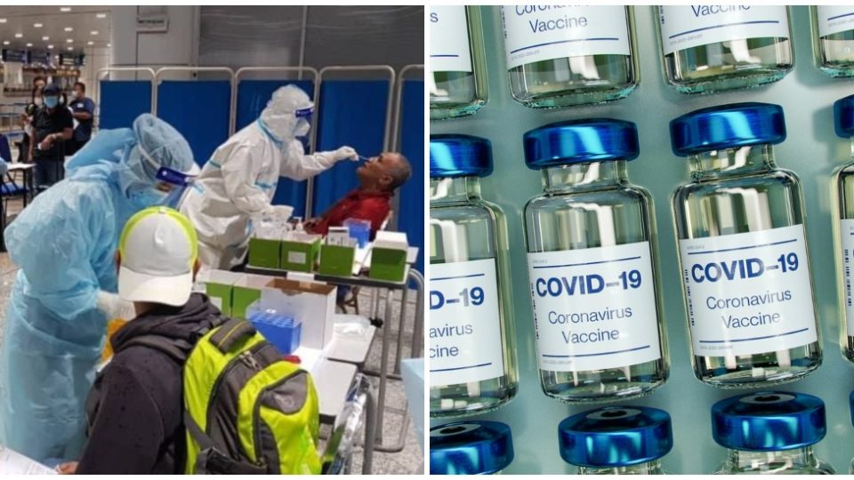 Medical staff giving COVID-19 swab tests to passengers at the Kuala Lumpur International Airport, at left. File photo of mock COVID-19 vaccine bottles, at right. Photos: Ministry of Health Malaysia/Facebook and Daniel Schludi/ Unsplash