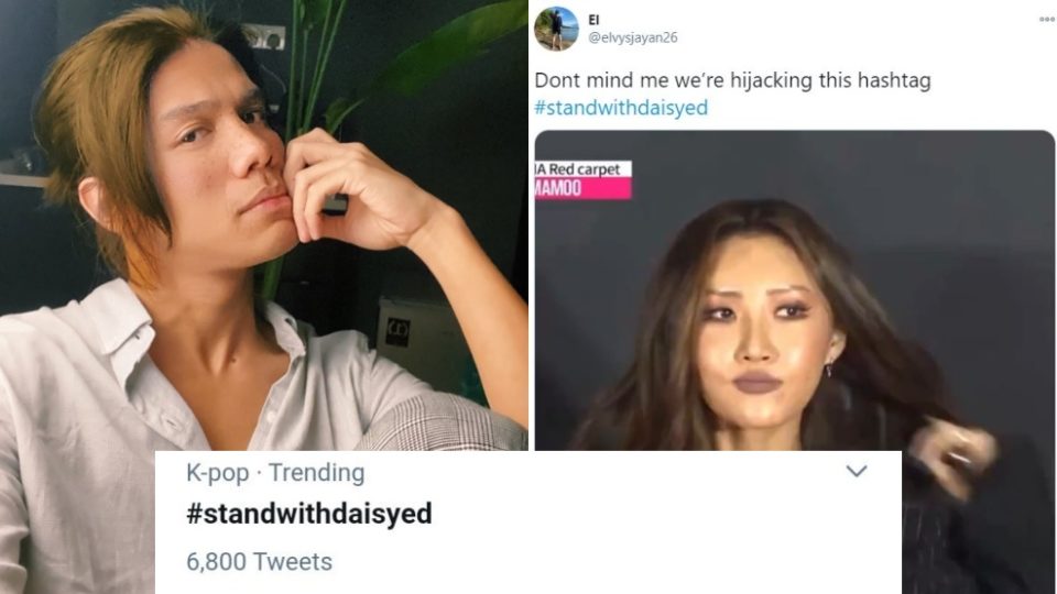 Screenshots of #StandWithDaiSyed trending on Twitter and a tweet from a K-pop fan as well as a selfie of accused evangelist Da’i Syed. Photos: Da’i Syed/Instagram, Twitter