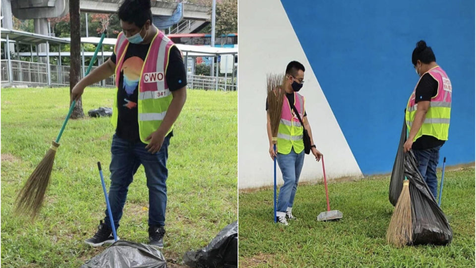 YouTubers Dee Kosh and Night Owl Cinematics’ Ryan Tan sweeping up litter. Photos: Sgtrashcollector/Instagram