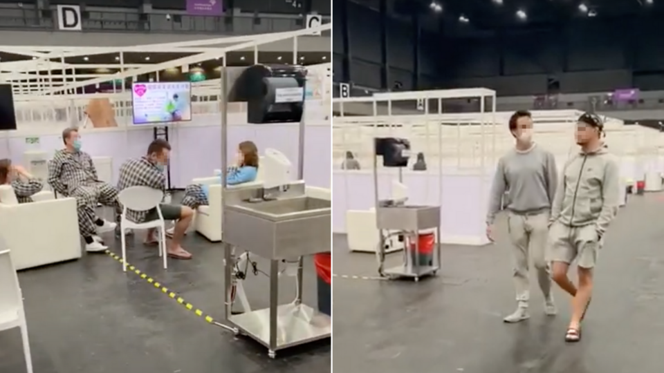 Virus patients, most of them foreigners, were seen gathering and laughing in groups at the makeshift treatment facility at the AsiaWorld-Expo. Screenshot from YouTube