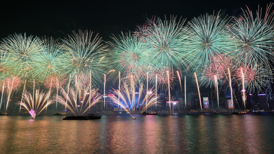 Countdown fireworks light up Victoria Harbor on Jan. 1, 2019. Photo via the Hong Kong government’s Information Services Department