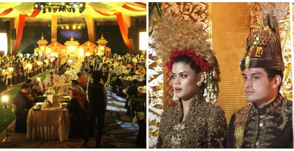 Hundreds of guests sit close together in rows at a Sunday night wedding dinner in Putrajaya, at left. Bride Oceane Cyril Alagia and groom Muhammad Hafiz Adnan, at right. Photos: Video2U Productions/ YouTube
